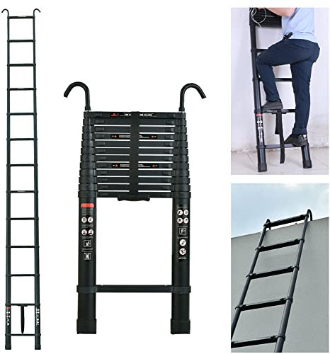 Teleskopleiter mit 2 Haken, 6,2m Aluminium Leiter, Ausziehbar Schiebeleiter, Rutschfester Aluleiter Mehrzweckleiter Ausziehleiter, 150kg Tragkraft, EN131, Schwarz