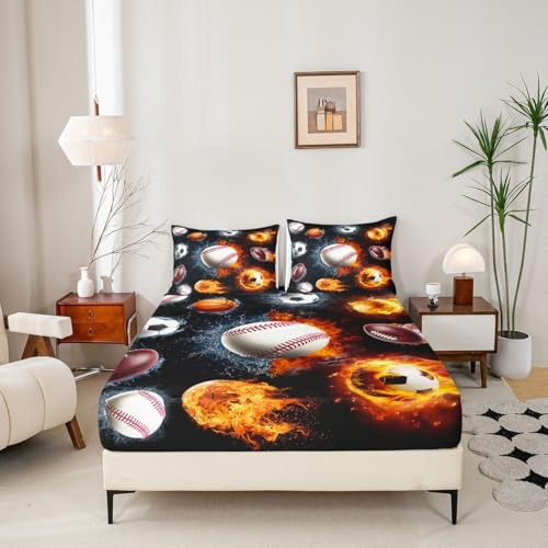 Baseball Fitted Sheet Sports Bedding Set for Teen Boys Kids,Soccer Basketball Rugby Bed Sheet Set Red Orange Blue Water Fire Flame,Twin 1 Fitted Sheet+1 Pillowcase（No Flat Sheet）