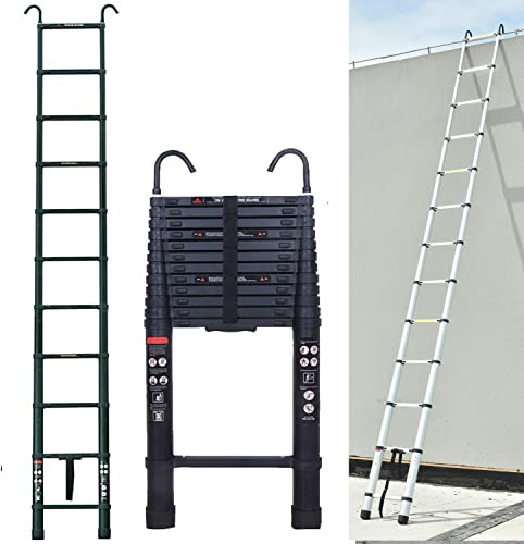 3,8m Teleskopleiter Aluminiumleiter mit 2 Haken, Rutschfesten Anlegeleiter Ausziehbareleiter für Ourdoors und Indoors, 150kg Tragkraft, EN131, Schwarz