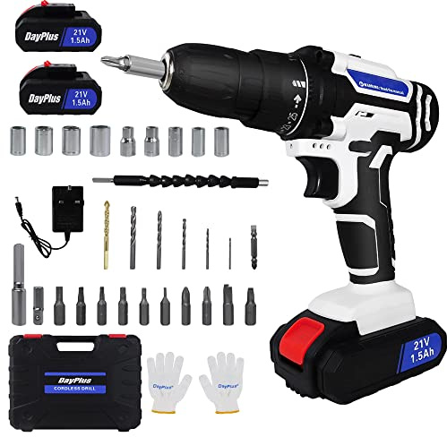 21V Power Electric Drill with 2 Speed, 25+1 Torque 45Nm Max Screwdriver Kit - 3/8 Chuck Handheld Drills Driver with 2x1.5 Ah Li-Ion Batteries, Charger, 26PCS Drill Bits
