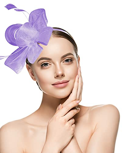 Damen Fascinators Hut Cocktail Kopfbedeckung Mädchen Schleier Feder Blume Haarnadel Hut Vintage Tee Party Hochzeit Party Hut Kopfbedeckung, D-lila, Einheitsgröße