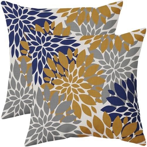 Navy Blue Yellow Pillow Covers 18x18 Set of 2 Grey Gray Dahlia Modern Geometry Flower Decorative Throw Pillows Outdoor Summer Farmhouse Pillowcases Linen Cushion Case Decor for Home Sofa Couch Bed
