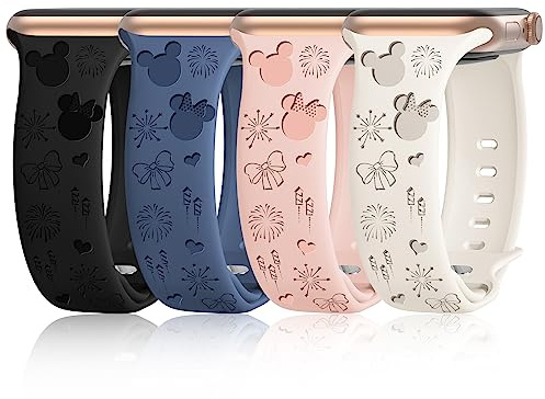 iWabcertoo 4 Pack Cartoon Engraved Bands Compatible with Apple Watch Band 40mm 41mm 38mm 42mm 44mm 45mm 49mm Women,Soft Silicone Cute Designer Strap for iWatch Bands Series SE 8 6 5 4 3 2 1 Ultra