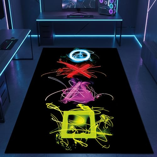 CARPETIA Gamingteppich Neon-Symbole Schwarz Mehrfarbig 140x200 cm | Samtig weich, rutschfest, bei 30 °C waschbar, pflegeleicht und schmutzabweisend, Neon-Symbole für Gaming- & Jugendzimmer