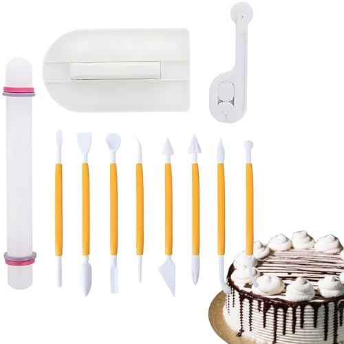 11-Piece Fondant Cake Decorating Tool Set: Premium Food-Grade Plastic, Vibrant Yellow, Kit for Sugarcraft, Fondant, and More 8 x Modeling Tools, 1 Cutter and Embosser, 1 Cake Smoother, 1 Rolling pin