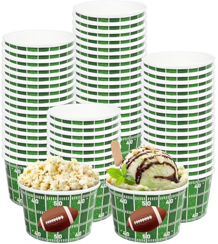 INSPIREYEE 50 PCS Football Party Snack Bowls 9 oz Green Football Party Decoration Snack Bowls Disposable Paper Ice Cream Cups Serving Paper Bucket for Sports Event Family Dinners & Birthday Party