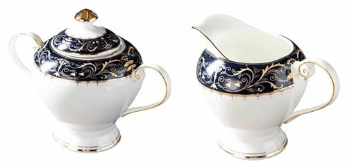 YBK Tech Ensemble pichet à lait et sucrier en porcelaine anglaise pour dégustation de café, motifs royaux (bleu foncé)