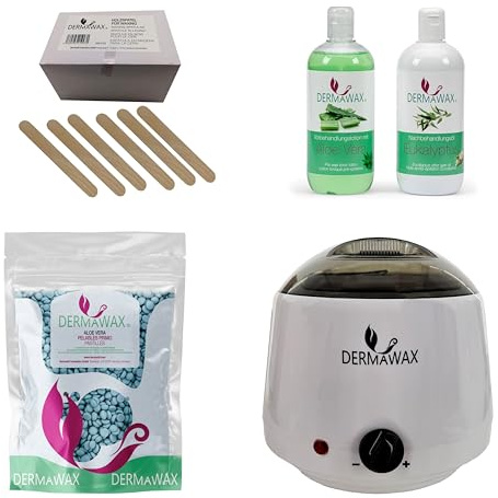 Dermawax Profi Waxing Set- 1000 ml Wachsgerät- Made in Spanien- 1 kg Aloe Vera Wachsperlen- 500 ml Aloe Vera Vorbehandlungslotion- 500 ml Eukalyptus Nachbehandlungsöl 200 Stück Holzspatel