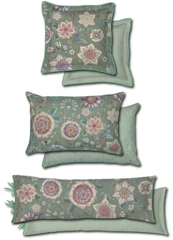Pip Studio Dekokissen Viva Las Flores Grün Blüten Blumen Blätter Beeren Stiele Zweige Wendeoptik Geblümt Floral, Größe:45 x 70 cm
