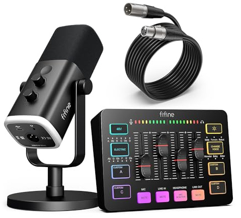 FIFINE Gaming Equipment Bundle, Dynamic XLR/USB Gaming Microphone Set with Streaming Audio Mixer for Podcast Recording Video Vocal, RGB Gamer Set with Volume Fader/XLR Interface for PC-AmpliGame KS5