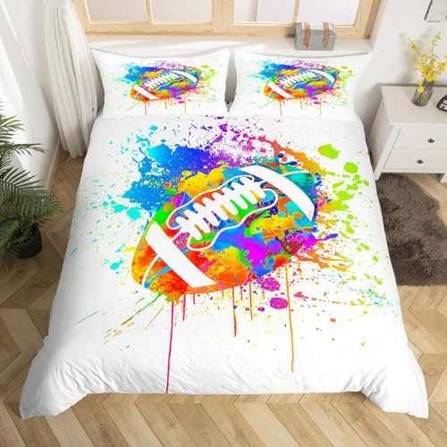 Waterclor Football Sports Bedding Set,Colorful Tie-dye Duvet Cover for Teens,Kids American Football Comforter Cover Decorative Room,Children Hippie Graffiti Quilt Cover with 2 Pillowcases,Full Size