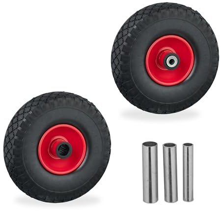 Relaxdays Sackkarrenrad 2er Set, 3.00-4, Vollgummi, Komplettrad Stahlfelge, 3 Adapter, Ersatzrad Schubkarre, schwarz-rot