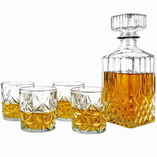 Whisky Karaffe 800 ml inklusive 4 Whiskygläser je 230ml - Glaskaraffe in Kristall Flaschen Optik - Whiskykaraffe zum servieren - Whisky-Dekanter-Set für Spirituosen