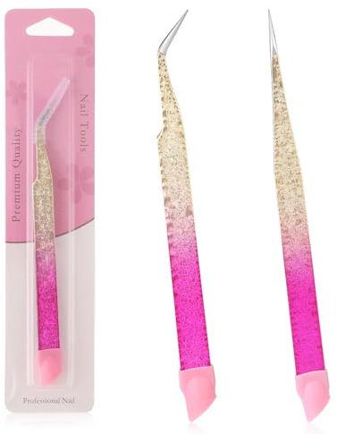 Jeffdad Lot de 2 pinces à épiler pour nail art, extensions de cils, pointe fine et pointue, pince à épiler droite incurvée avec tête d'impression en silicone pour nail crafts