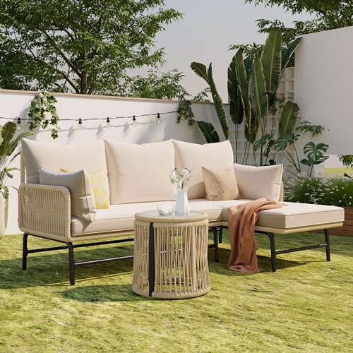 KUAKE Gartenlounge-Set 4-Personen, Lounge Sitzgruppe Outdoor mit Couchtisch und SitzKissen, Terassenmöbel Außen mit Lounge-Sessel und Doppelsofa, Gartenmöbel-Set, für Garten und Terrasse, Beige