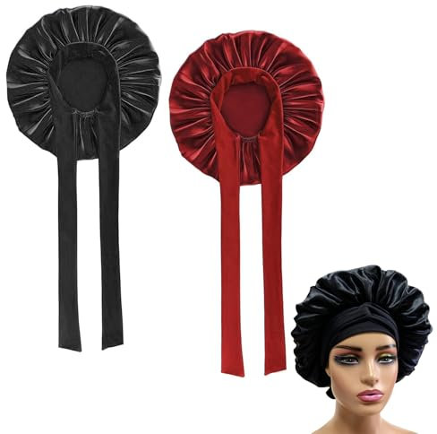 Hair Bonnet for Sleeping,2 PCS Silk Satin Bonnet with Stretchy Tie Band Sleep Bonnets for Women Bath Caps Night Sleeping Cap Soft Elastic Band Satin Bonnets for Curly Hair Sleeping Black + Red Wine