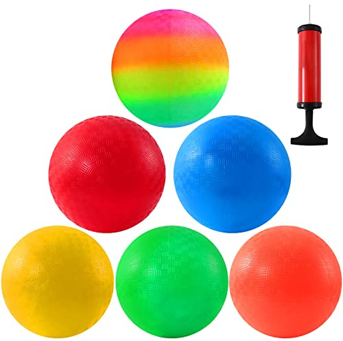 Preocea 6 PCS Playground Balls, 8.5 Inch Inflatable Dodge Ball, Dodgeball Balls, Rubber Bouncy Dodge Ball with 1 Hand Pump for Indoor Outdoor Games Camps Schoolyard Picnic