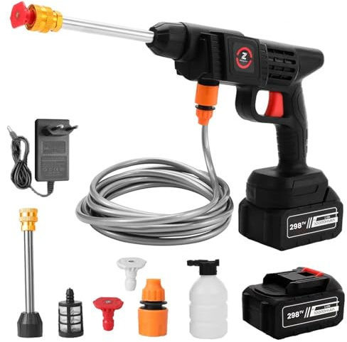 Akku Hochdruckreiniger, 21V Max 35Bar Mobiler Hochdruckreiniger mit 1x 6000mAh Akkus, Tragbarer Hochdruckreiniger für Auto, Terrasse, Fenster, Rasen, Pool - Schwarz (6000mAh)
