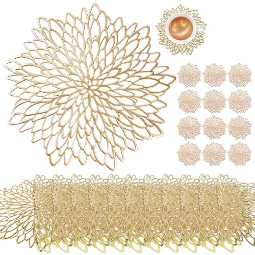 wiipara 12er Set Platzsets Tischsets Abwaschbar Rund mit Untersetzer, Gold | Moderne PVC Platzdeckchen Weihnachten Dekorative Tischunterlage Esstisch Platzteller Platzset Rund für Zuhause Hochzeit Hotel