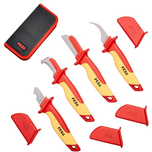 FESA Insulated Cable Knife Set - 4-Piece 1000V Insulated Electrician Knife Set for Cable & Wire Dismantling, Stripping & Skinning - With a Compact Zippered Storage Case - 1000V Insulated Tool Set