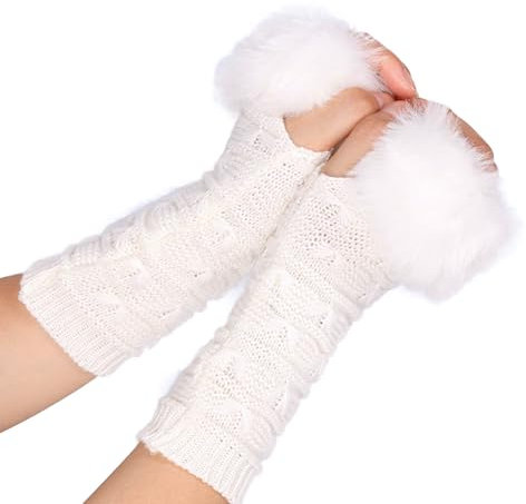 AWOCAN Armstulpen Damen Winter Kunstfell Strick Fingerlose Handschuhe Winter Fingerlose Handgelenkwärmer Fäustlinge mit Daumenloch (Weiß)