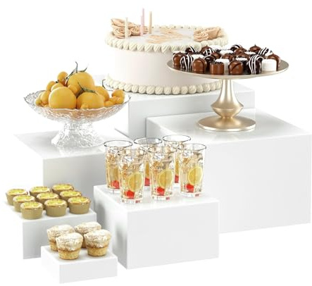 EUNEWR 6PCS Buffet Risers, Acrylic Display Box with Hollow Bottoms for Buffet Table, 6PCS Risers Cube Display Stands for Party, Wedding, and Event Decor (White)