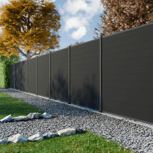 DECKLINEA Kit Clôture Composite RIO Anthracite 11x1,8m - Bois composite & Aluminium - Poteaux sur Platines Gris- Brise vue - Palissade - Brise vue