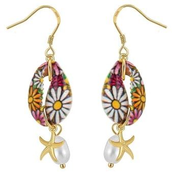 Bellitia Jewelry Women's 925 Sterling Silver Shell Dangle Earrings Pearl Earrings Exotic Style with Chrysanthemum Flower Painting