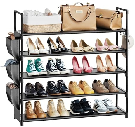 Quorlis Schuhregal 5 Ebenen – Platzsparender Schuhständer für 20–25 Paar Schuhe mit Seitentasche, Robuster Schuhorganizer für Flur, Kleiderschrank, Schlafzimmer, Eingang & Garage – Schwarz