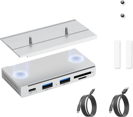 EJAY 5-in-1 Magnetic USB 3.0 Hub with SD/TF Card Reader, 2 USB-A + 1 USB-C Ports, Includes Sliding Rail, Screws & Sticky Pads for MacBook Laptop PC Silver