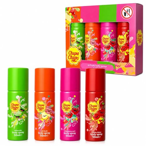 Chupa Chups Body Spray Gift Set for Girls Teens, Sweet Fruity Scent Deodorant Mist, Tutti Frutti, Cheeky Cherry, Melon Mix, Strawberry Swirl (4 x 50ml)