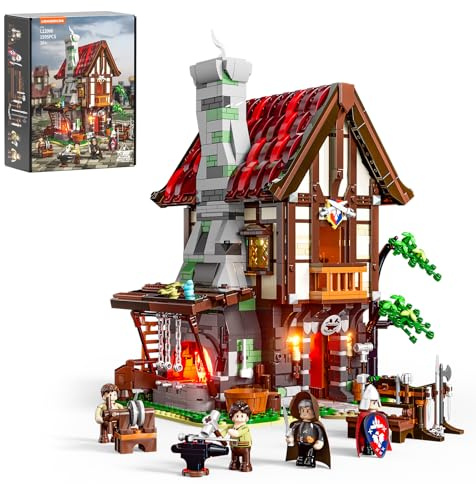 Lumibricks Set da costruzione medievale con illuminazione a LED, 1595 mattoncini da modellismo per adulti, realistici forgiatura a graticcio con illuminazione a LED, modulo medievale espandibile