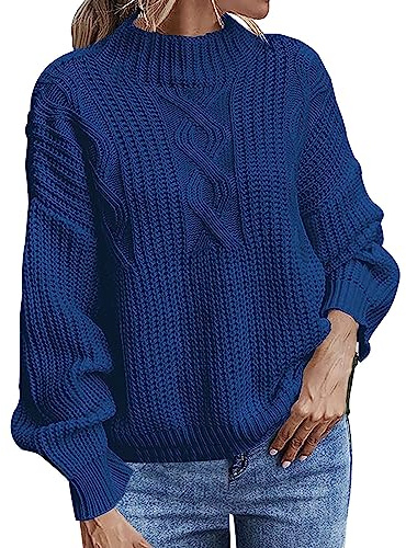 Pull Femme Doux Pullover Femme Col Montant Pull à Manches Longues en à Fleurs pour Femmes Large Chaud Gros Hiver Blue L