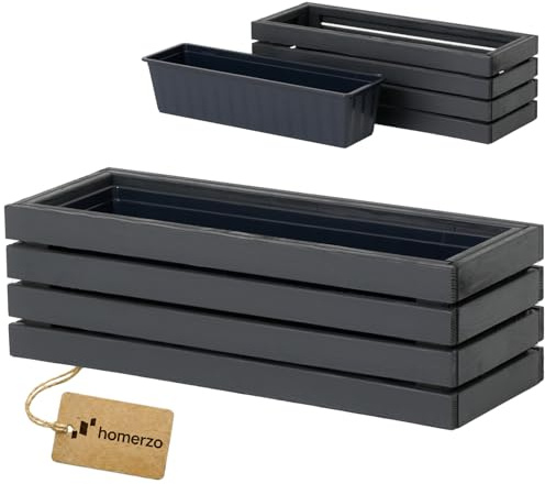 HOMERZO Jardinera rectangular de madera y macetero, marrón impregnada, con inserto de plástico extraíble, para balcón, jardín y terraza (horizontal, antracita, 65 x 23 x 20 cm de altura)