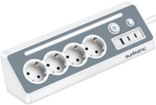 SUNMATIC Multipresa da Scrivania Interruttore ON/OFF, 4 Prese Schuko + 1 USB-A + 2 USBC, Cavo 1,4m, Ciabatta Elettrica con Porte USB in PC Ignifugo, Multipresa Salvaspazio per Casa e Ufficio