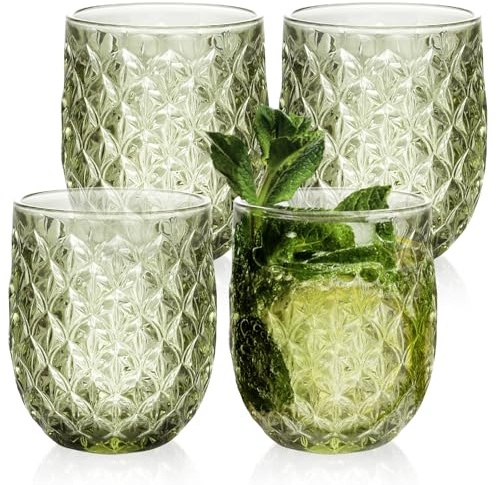 Drinking Glasses Set of 4 - 360ml/12oz Vintage Tumbler Glasses - Decorative Floral Embossed Water Glasses - Heavy Duty Glassware Beverages Tumblers for Whisky, Beer, Juice, Wine (Upgraded - Green)
