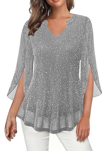 Bluse Damen Glitzer Oberteile Silvester Outfit Pailletten Blusenrock V Ausschnitt Tunika Festliche Blusen Zur Hochzeit Party Oberteil Glitzershirt Karneval Langarmshirt Damenblusen Glitzeroberteil