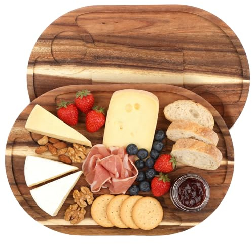 AKOLAFE 2 PCS Cheese Boards Wooden Serving Board Set Wood Serving Platter with Slate Brown Charcuterie Boards Serve Tray for Steak Sushi Grilling