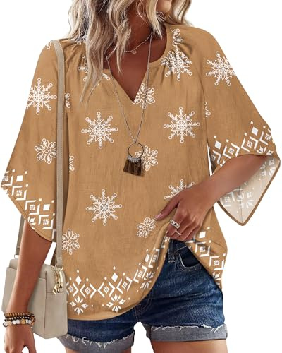 Zeagoo Womens V Neck Tops Bell 3/4 Sleeves T-Shirt Floral Printed Tunics Casual Loose Fit Blouse Shirts