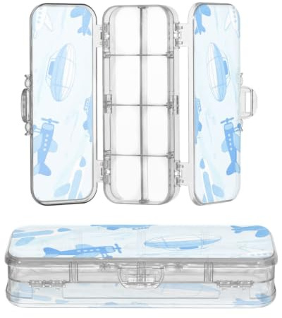 Amooorous Designed Pencil Storage Box Clear Lovely Blue Plane | Double-Deck Transparent Pens Cases For Stationery Supplies With Snap And Lid