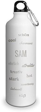 Trinkflasche mit Namen Sam - graviert mit Positive Eigenschaften, Aluminiumflasche mit Gravur, Sportflasche - matt weiß