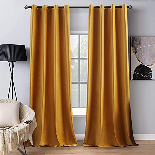 MIULEE Senfgelb Samtvorhang Ösen 2er Set 140X225, Blickdichte Vorhänge Samt für Schlafzimmer Wohnzimmer, Wunderschön Weich Vorhang Verdunkelung Velvet Curtains, Verdunkelnd Samt Gardinen Blickdicht