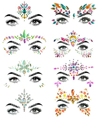 SHINEYES 8 Pcs Gesicht Körper Augen Temporäre Tattoos Gesicht Juwelen Aufkleber Glitter, Hergestellt aus Edelsteinen Rhinstone Kristalle für Rave Karneval Maskerade Musik Geburtstagsfeier Festival