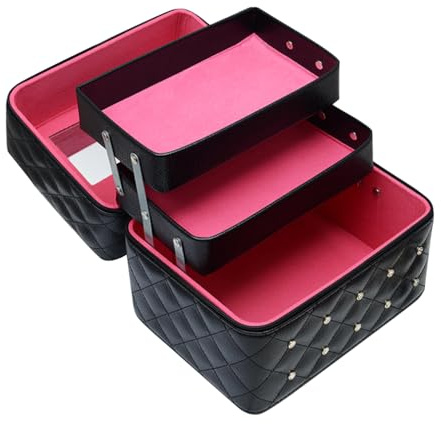 Kosmetikkoffer Makeup Box Kosmetiktasche Schminkkoffer für Reisen Dienstreise weich 3 verfügbare Ebene,mit Spiegel 25 * 19 * 21cm Schwarz Rosa Pink