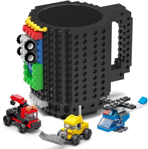 DAYMOO Build-on Bricks kaffeebecher, Lustige tassen, Kreative DIY kaffeetassen Baustein tasse kinder, Geschenkideen für Männer Kinder, Schwarz