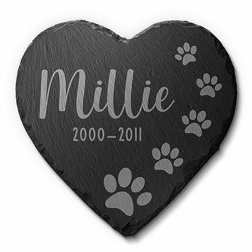 Großer Herz Grabstein Hund | Katze aus Schiefer mit Gravur - ab 18x18 cm - Tier Gedenkstein in Herzform mit Motiven - Grabschmuck Hunde | Katzen - wetterfest imprägnierte Grabplatte Tiergrab