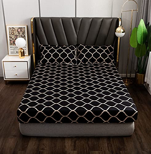 Damier Spannbettlaken 180 x 200 cm – schwarz – geometrisches Muster – weiche Mikrofaser – geeignet für 30 cm Matratze