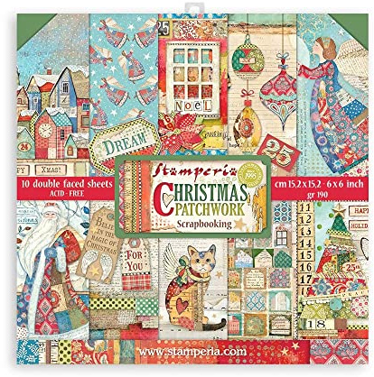 Stamperia SBBXS05 Extra Kleiner Block 10 Blätt-15.24x15.24 (6x6) Double Face Christmas Patchwork, Mehrfarbig, 15.24x15.25