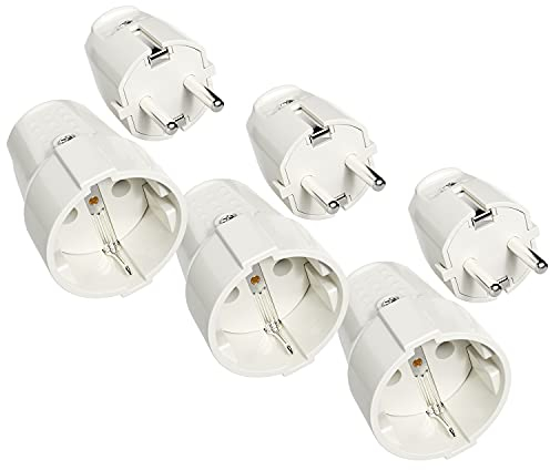 ABSINA 3x Schuko Stecker und Kupplung 230V - PVC Schukostecker Schukokupplung mit Zugentlastung, 2-polig, 230V, 16A & 3,7kW - IP20 Schutzkontakt Stecker & Schuko Kupplung weiß für Innenbereich