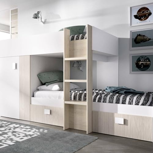 Dmora Bambini Cevedale, Cameretta Completa con Armadio e cassetti, Composizione Letto a Castello con Due lettini Singoli, 271x111h150 cm, Bianco e Rovere
